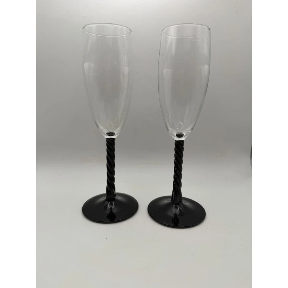 Luminarc Champagne Flutes Set of 2 Black Twisted Stem Clear Glass 8